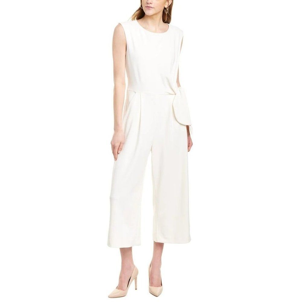 Tahari ASL Scuba Crepe Side Knot Crop Wide Leg Pant Jumpsuit Ivory Cream Sz 4